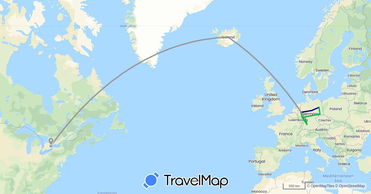 TravelMap itinerary: driving, bus, plane in Canada, Germany, Iceland (Europe, North America)